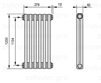 Схема (чертеж) Радиатор Zehnder Charleston 2120/6 №1270 Белый глянцевый RAL 9016